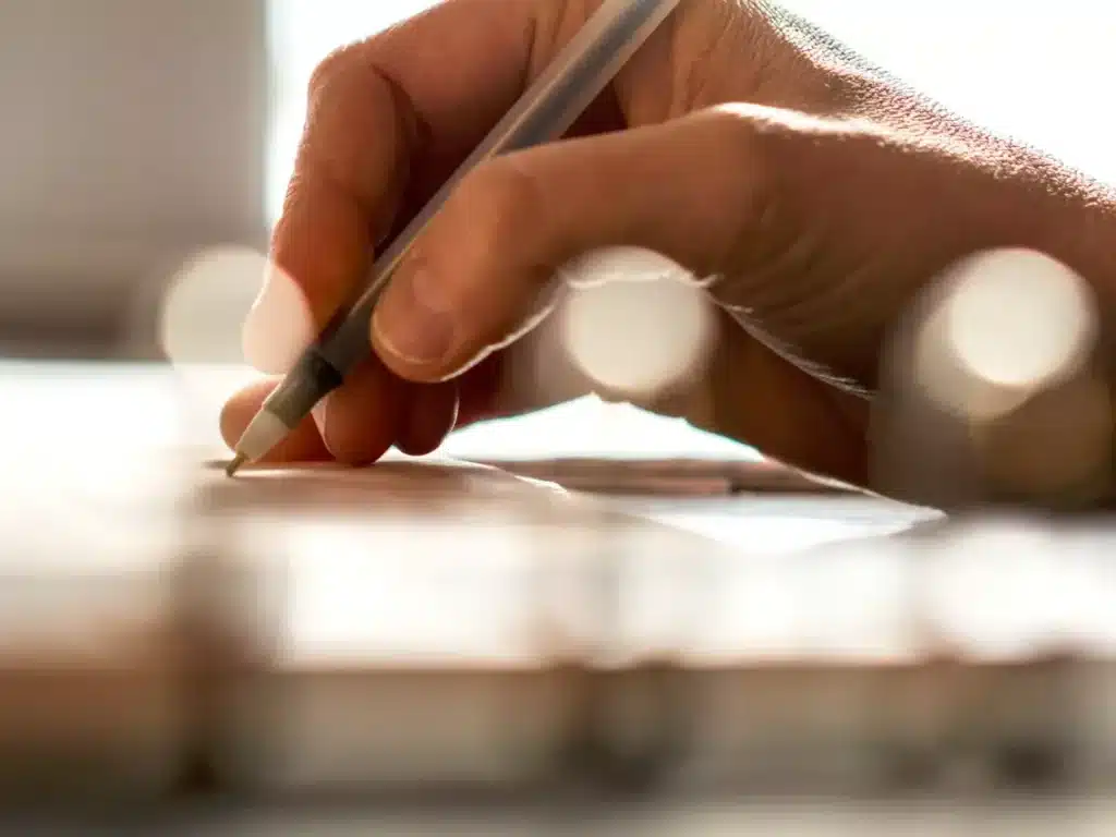 Lähikuva kädestä kirjoittamassa kynällä paperiin.