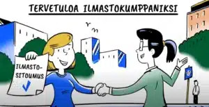 Piirroskuva, jossa yrityksen ja Joensuun kaupungin edustajat puristavat kättä Ilmastokumppanuuden kunniaksi.
